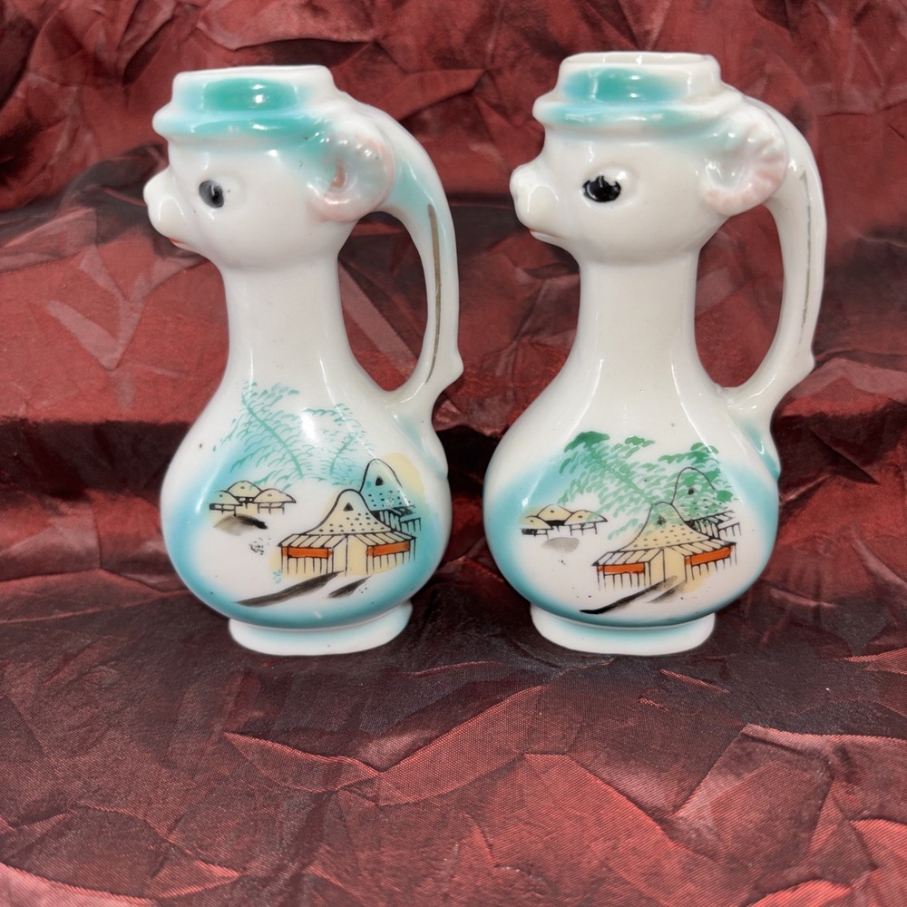 Vintage Porcelain Ram Face/Head  Pitcher Hand Painted‎ Rural Huts Made In Japan